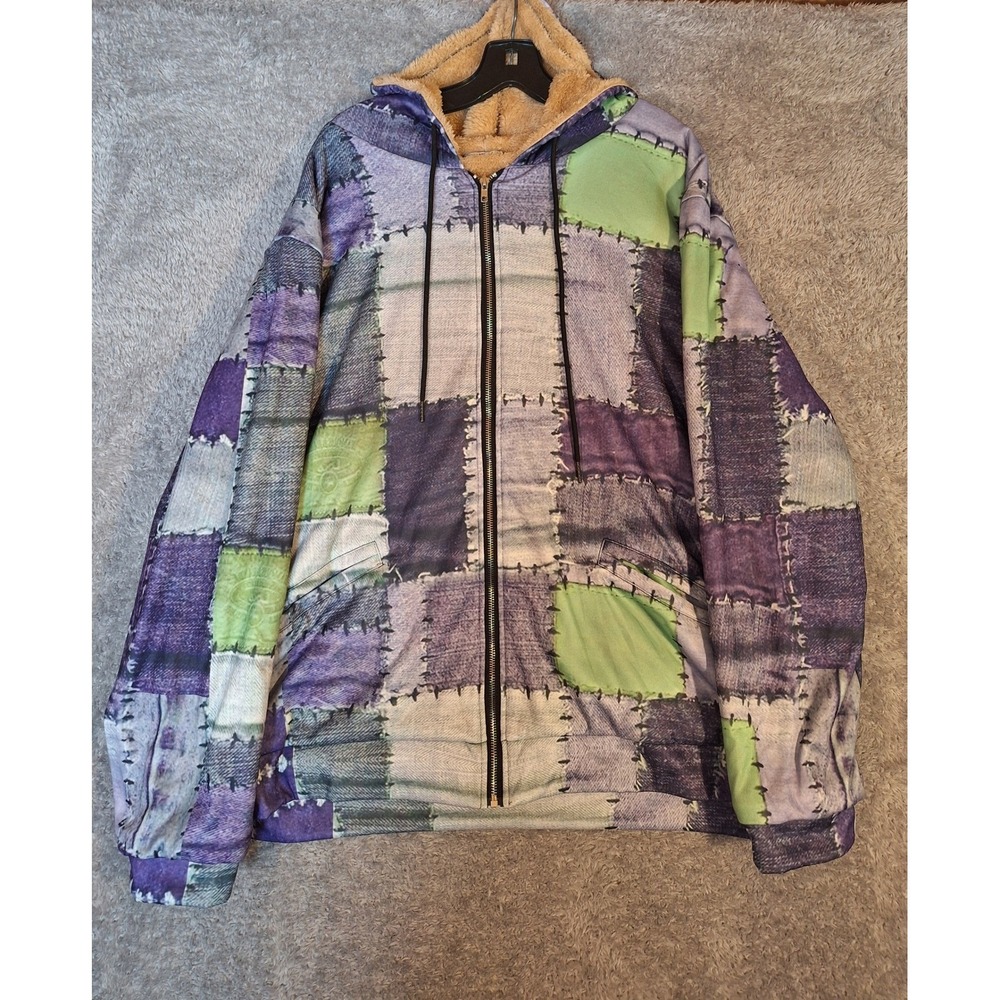 Ouku XXL Patchwork Print Sherpa Lined Hoodie Purple Green Grunge California